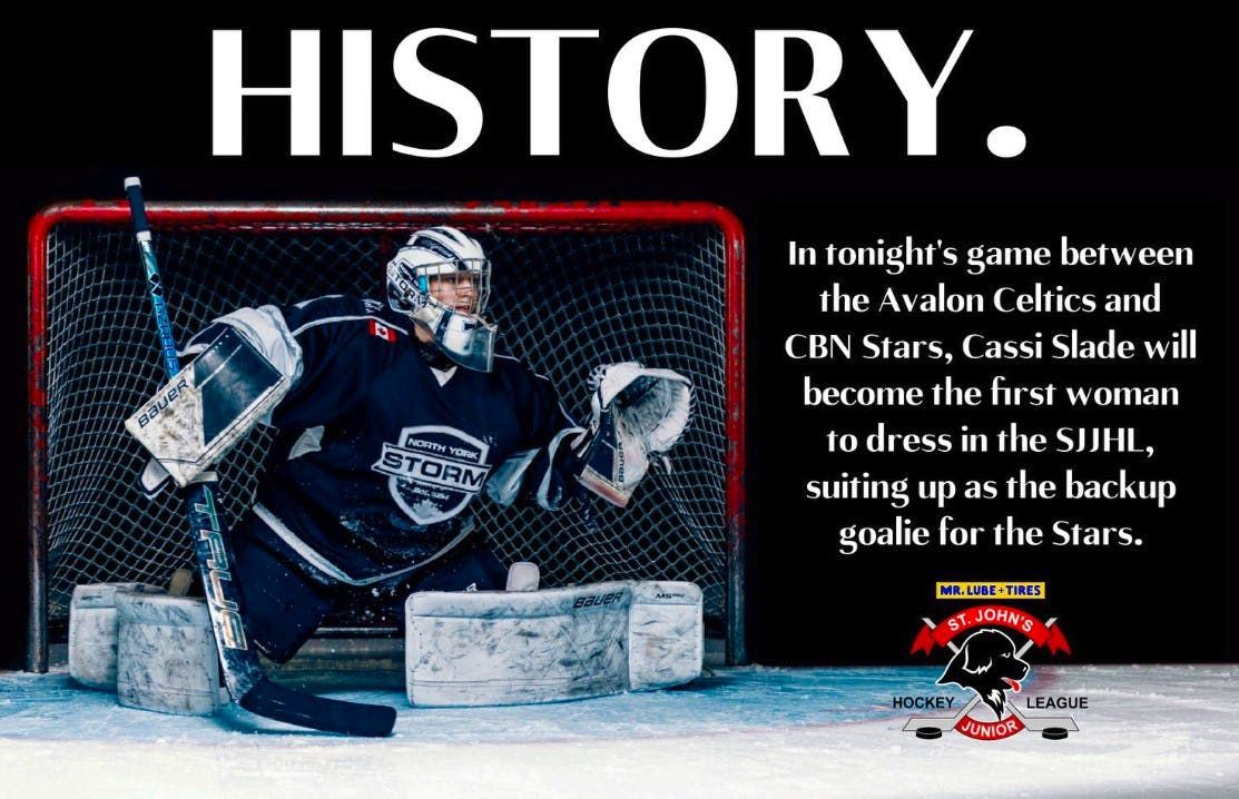 Historic hockey milestone graphic featuring a goalie in a North York Storm jersey