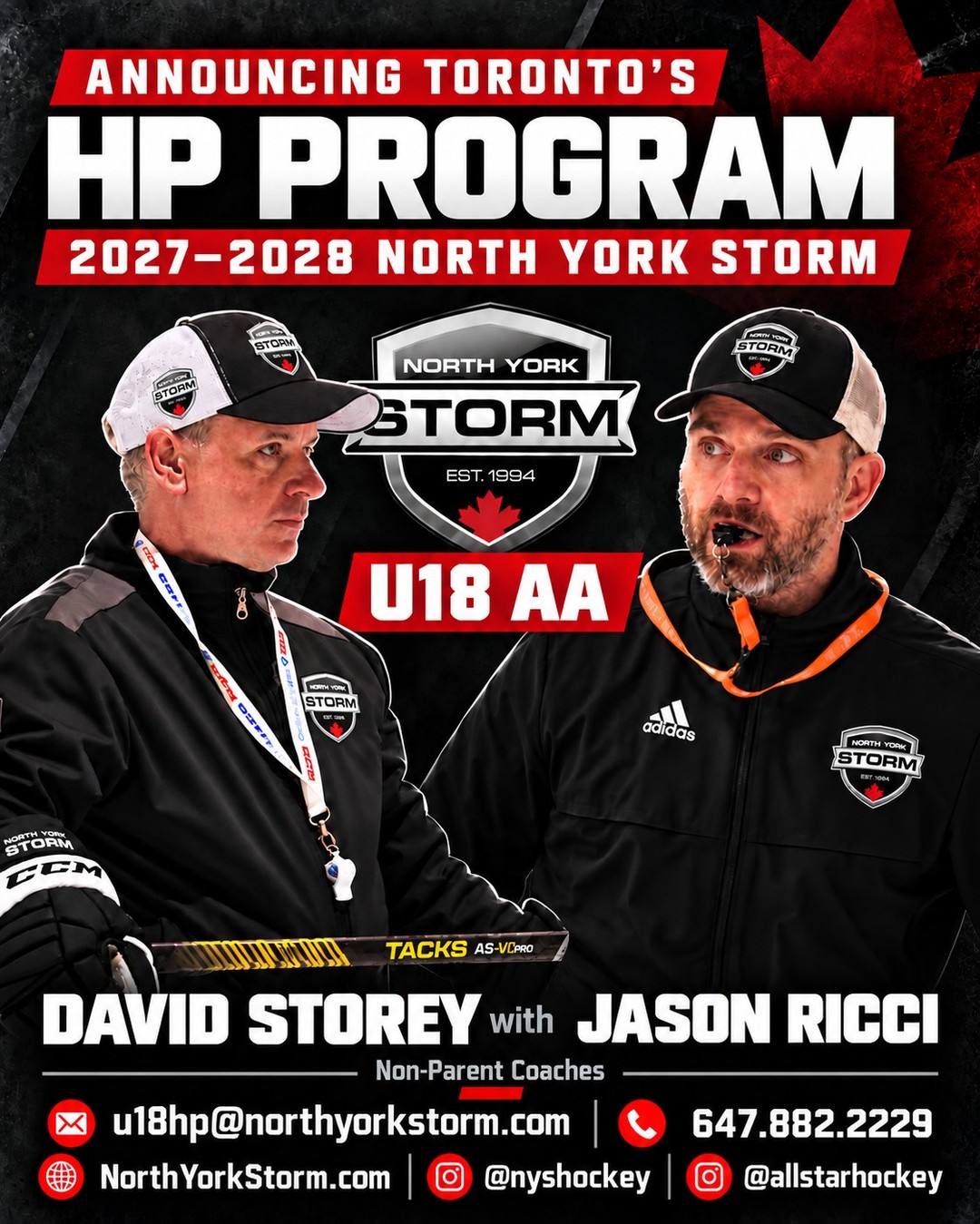 North York Storm U18 AA 2027–2028 HP program announcement featuring non-parent coaches David Storey with Jason Ricci